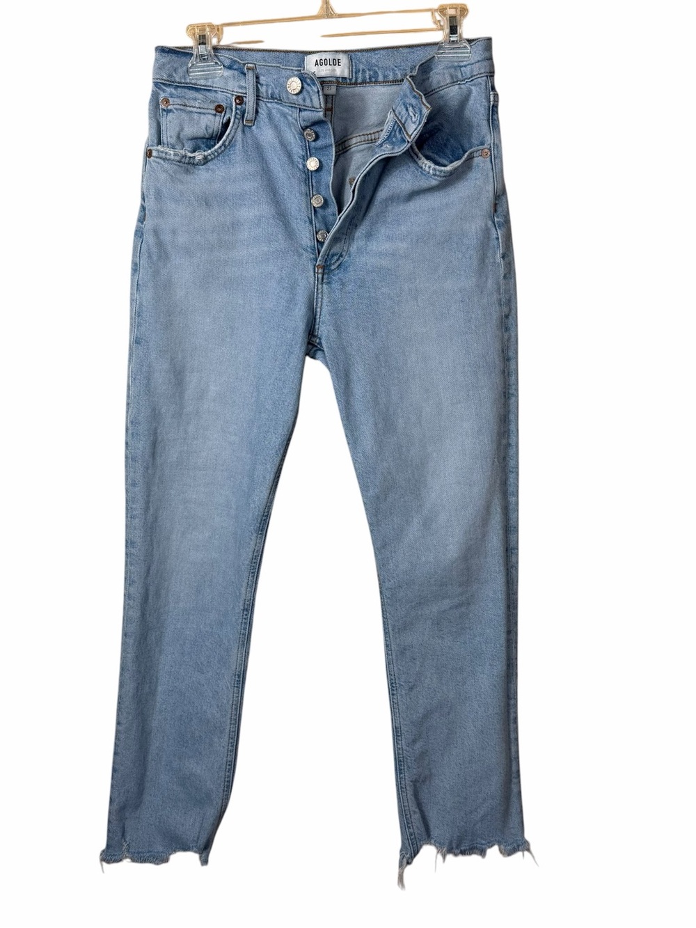 Agolde Riley Jeans Size 27 Light Blue Button Fly High Rise Raw Hem Stretch